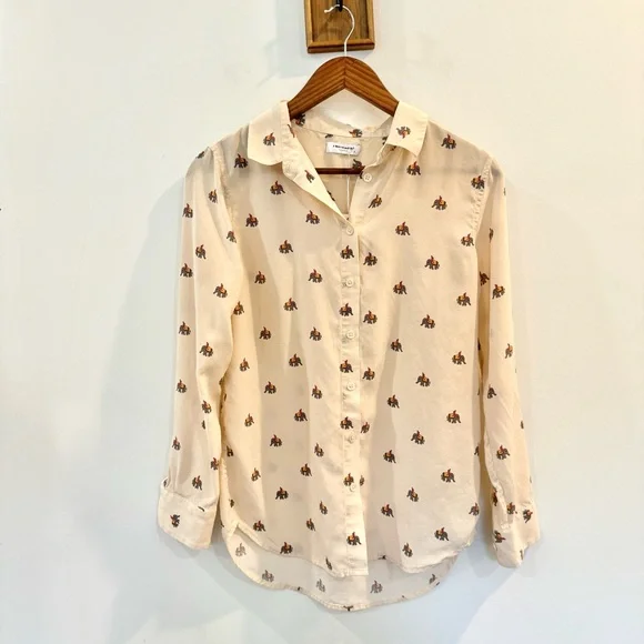 EQUIPMENT Silk Blouse Elephant India Novelty SMALL Beige - Picture 2 of 16